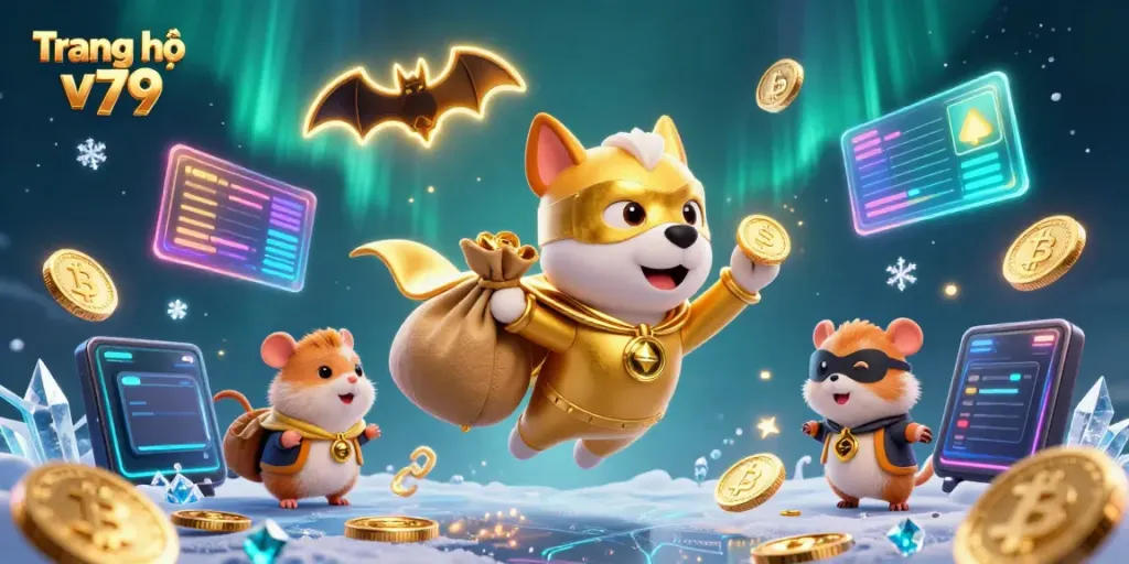 Engaging 3D scene showcasing a superhero dog flying with coins, representing Trang chủ v79's gaming excitement.