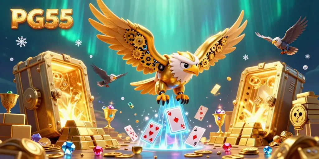 Engage with PG55's vibrant casino gaming scene featuring a cybernetic eagle amidst holographic cards and treasures.