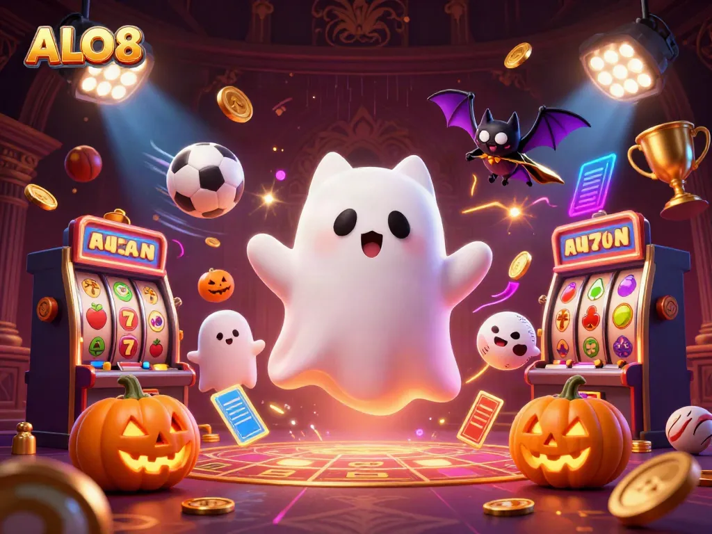 Experience thrilling games at ALO8 with a ghost cat at a haunted casino filled with excitement.
