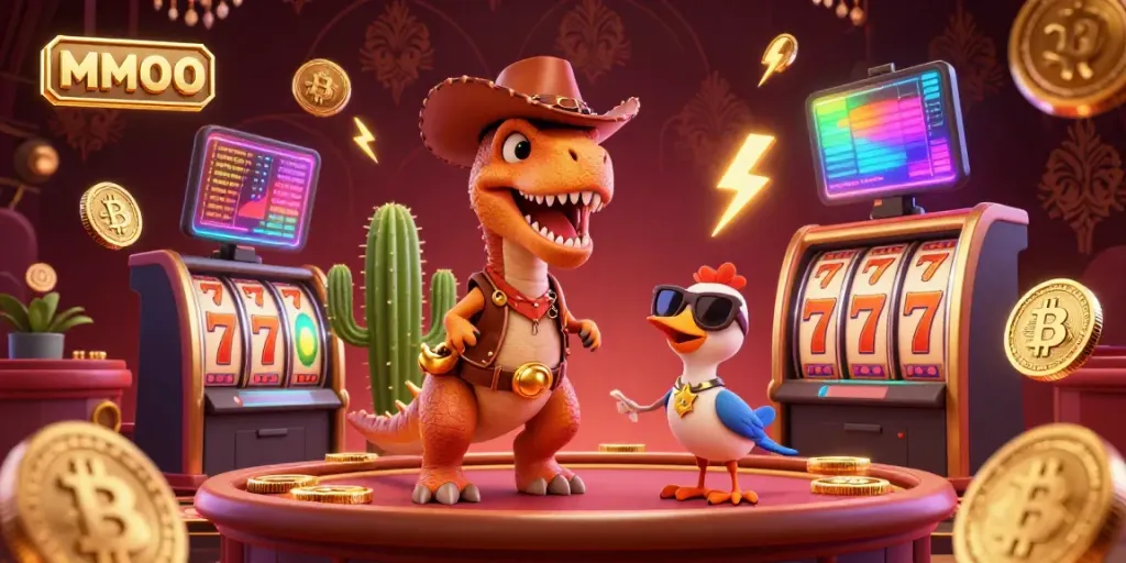 Engaging scene of MMOO showcasing a cartoon dinosaur and casino elements with vibrant slot games and cryptocurrency.