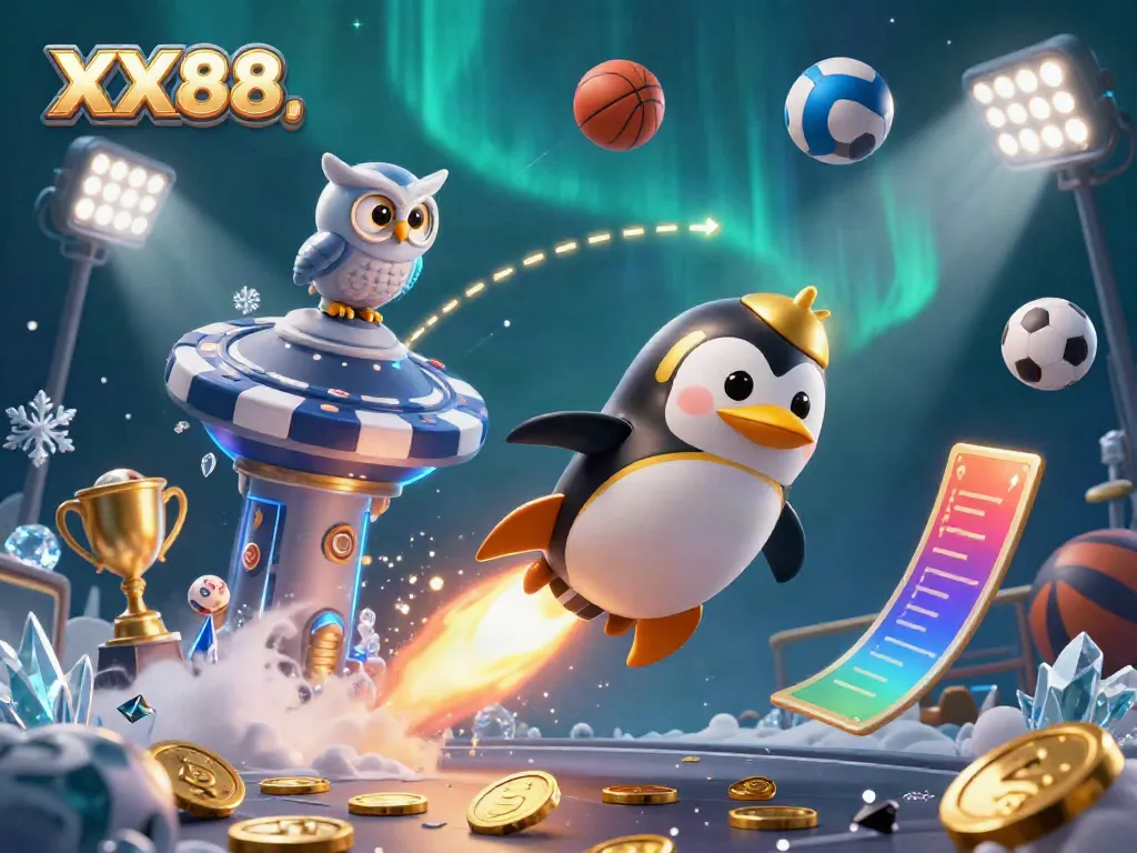 Experience the excitement of XX88 with a golden penguin and floating sports elements in a vibrant casino scene.