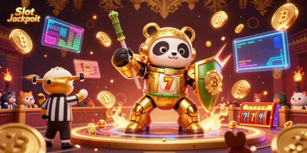 Experience the thrill of Slot Jackpot with colorful slot reels and a golden panda in combat.