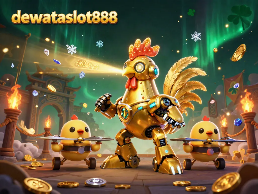 Bermain capsa susun di dewataslot888 dengan robot ayam dan pesawat penyu terbang berwarna emas.