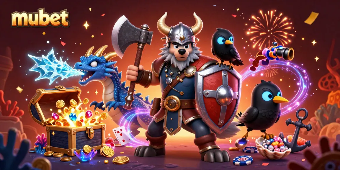 Place bets on mubet with a fierce Viking warrior, a dragon, and gaming treasures.