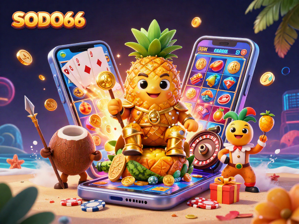 SODO66 engages in vibrant casino fun with a golden pineapple king and gaming elements.