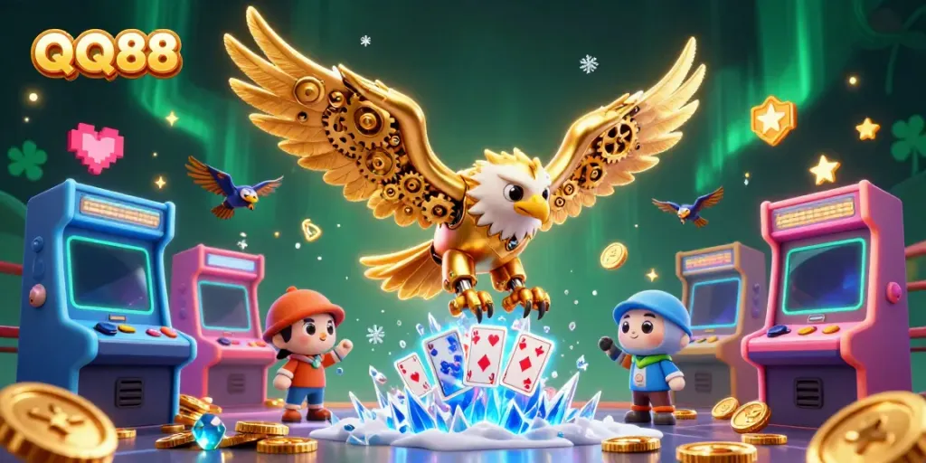 Experience thrilling gameplay at QQ88 with a cybernetic eagle soaring through vibrant casino elements.