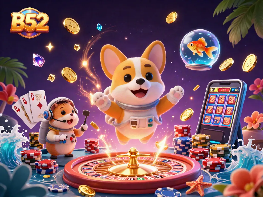 B52 casino fun with a floating corgi astronaut, coins, and bright casino elements.