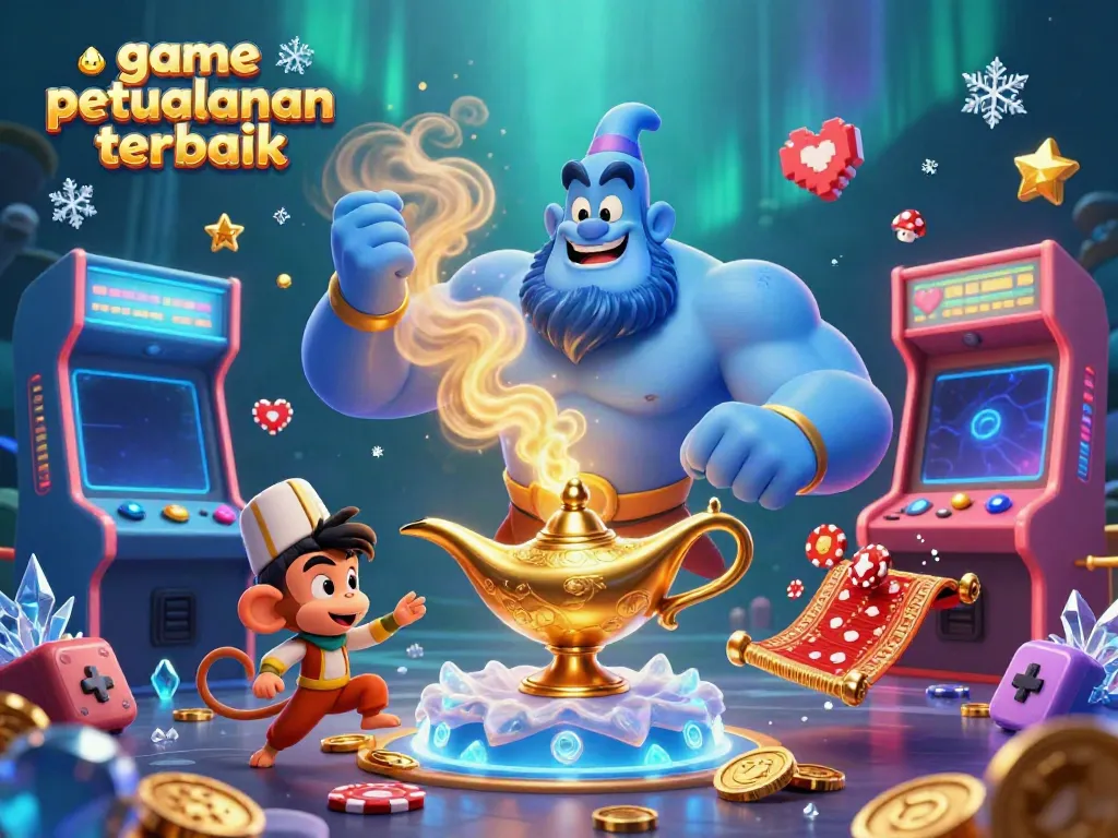 Permainan petualangan terbaik terlihat dalam ilustrasi kasino 3D dengan karakter genie dan elemen permainan menarik.