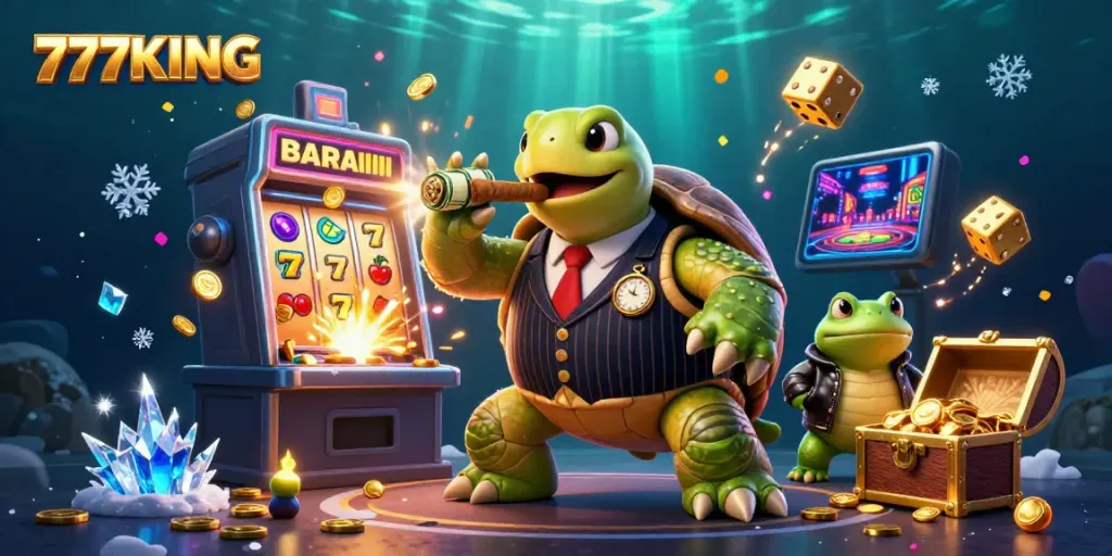 Experience the excitement at 777KING with dynamic casino elements and characters illustrating a vibrant gambling scene.