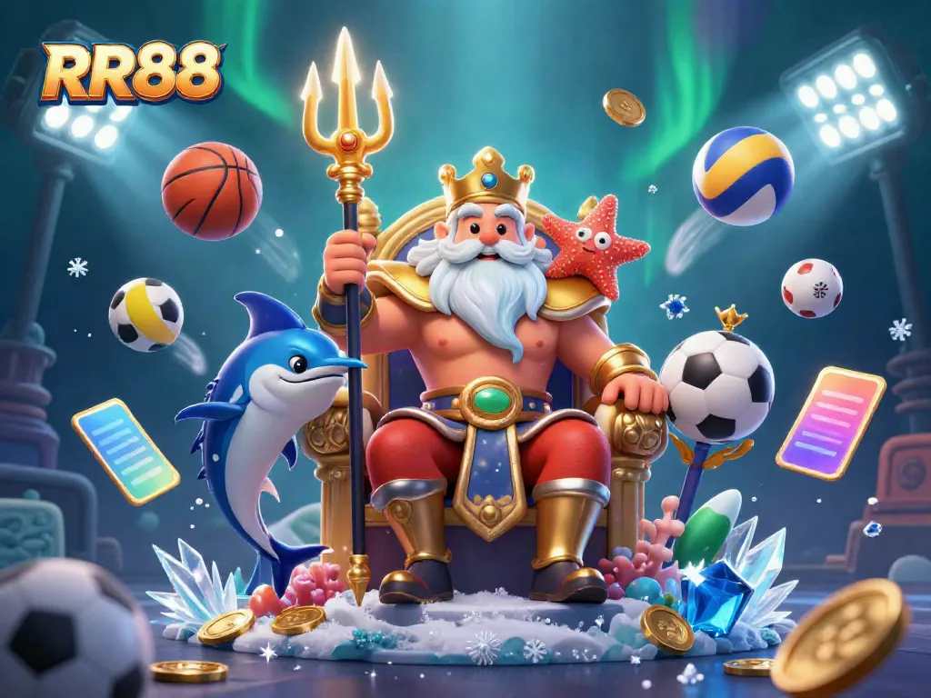 Experience the vibrant world of RR88, featuring Neptune amidst dynamic sports elements and a charged atmosphere.