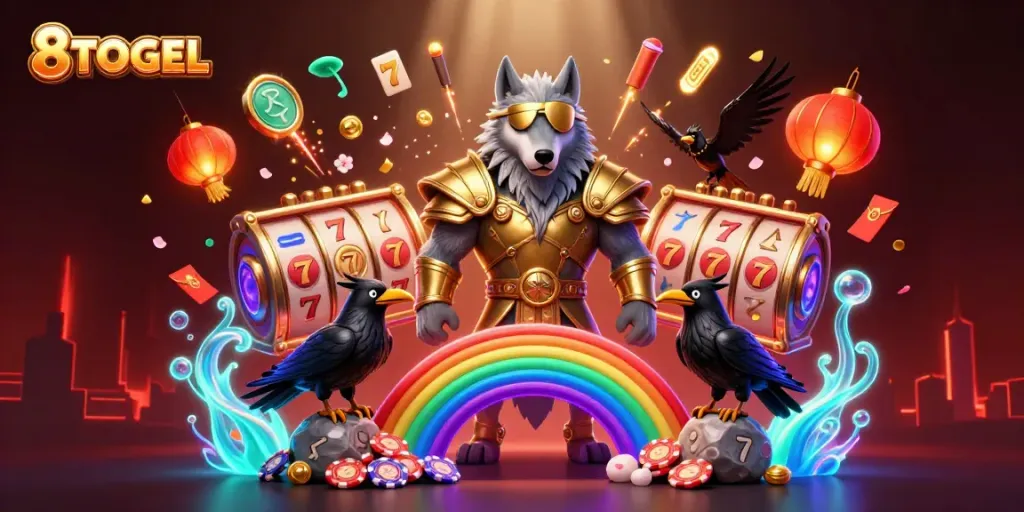 Experience the excitement of 8TOGEL's gaming world with a vibrant illustration featuring immersive casino elements.