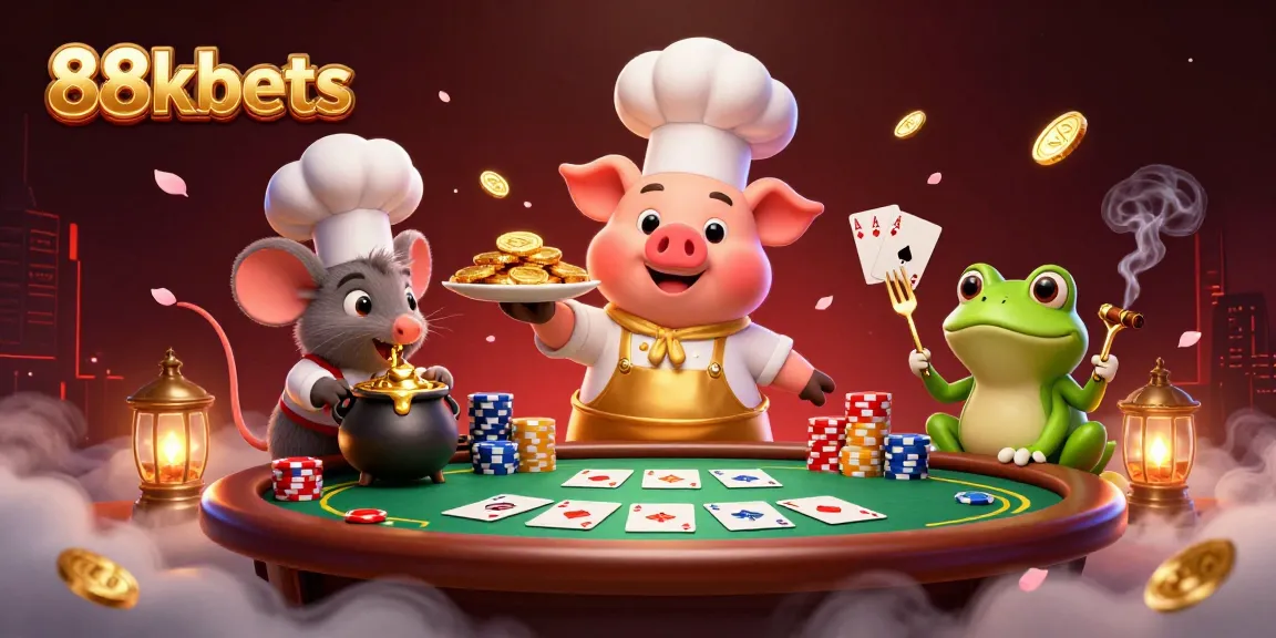 88kbets chef pig serving gold coins among poker elements, showcasing unique casino excitement