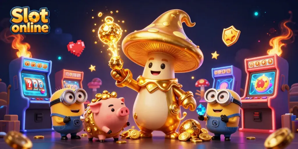 Spin and win with immersive Slot online gaming features, vibrant golden wizard, and treasures.