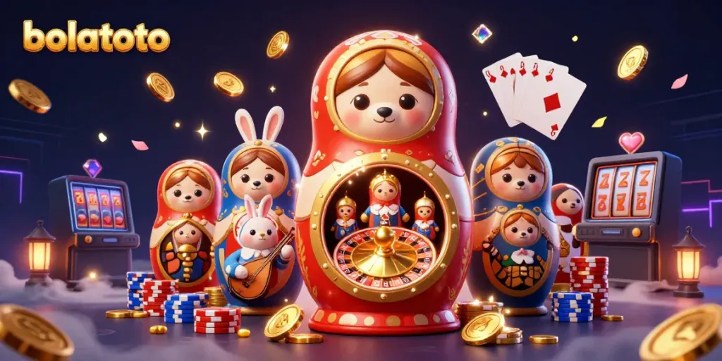 Engage with exciting bolatoto gaming elements in a vibrant casino scene featuring cartoon bears and a rabbit.