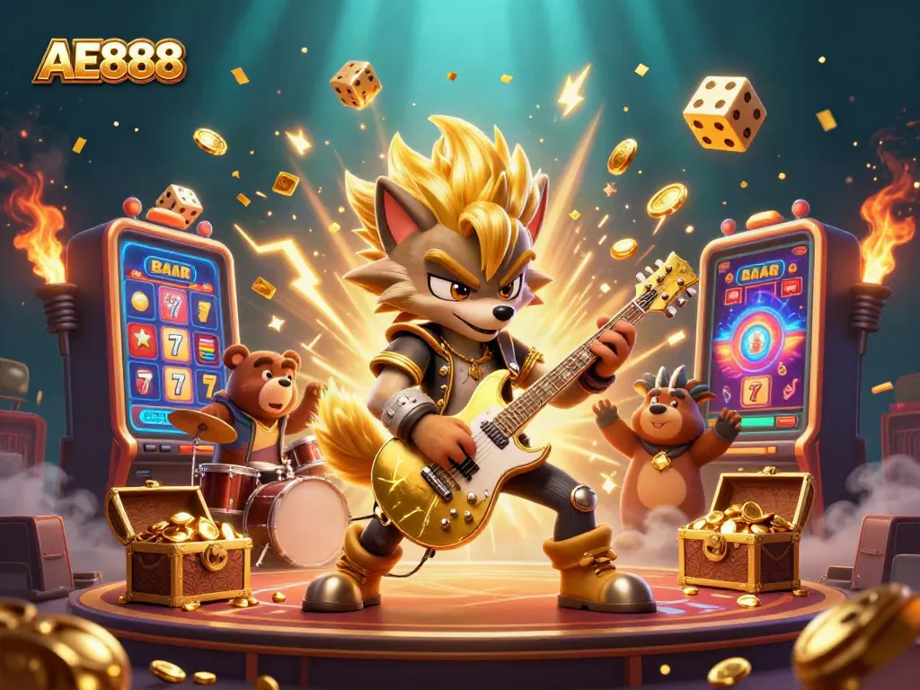Experience the thrill of AE888 with electric rock star characters and dynamic slot machine action.