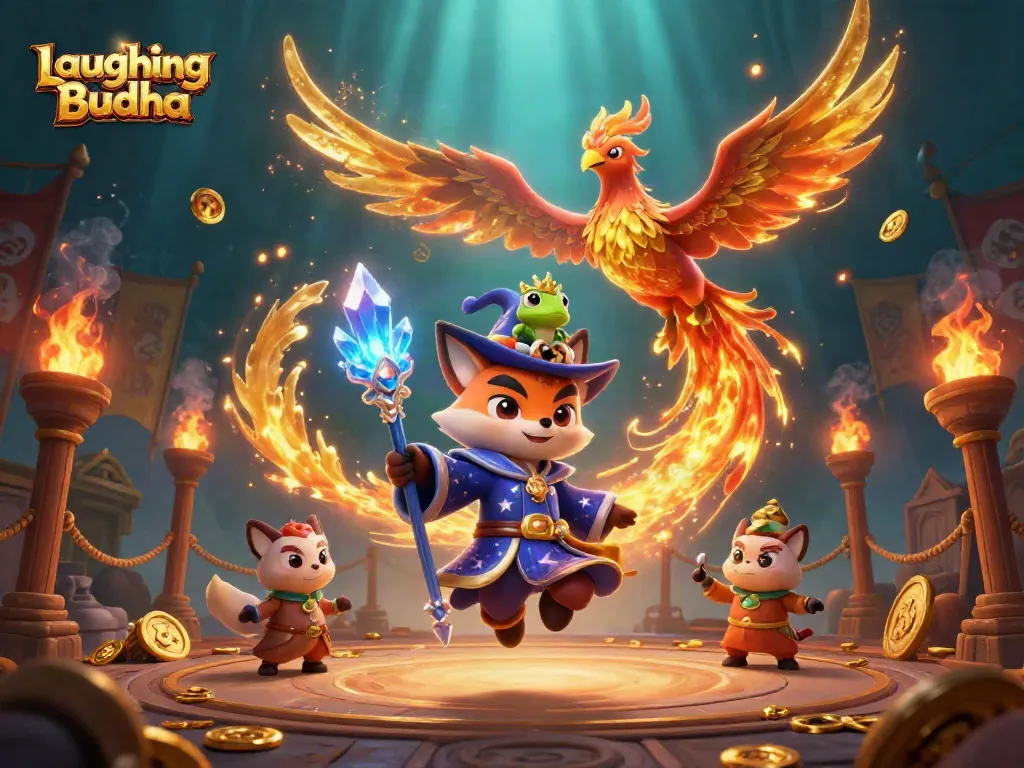การเล่นเกมสล็อต Laughing Buddha พร้อมสัญลักษณ์โชคลาภและความร่ำรวยในบรรยากาศที่มหัศจรรย์