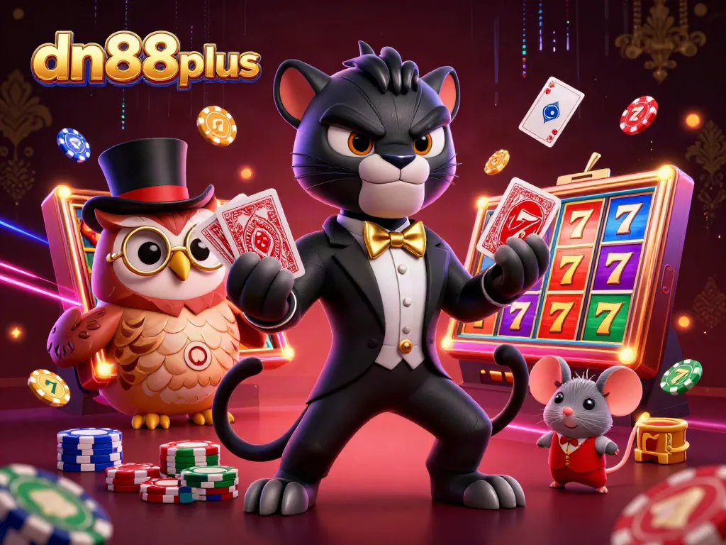 Engage with DN88Plus as a stylish panther plays cards in a vibrant gaming environment.