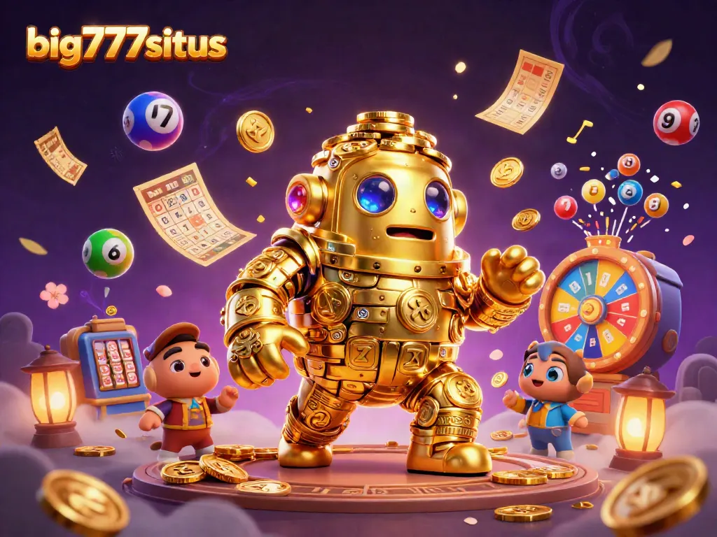 Engaging illustration showcasing big777situs, featuring a golden golem surrounded by vibrant lottery game elements.