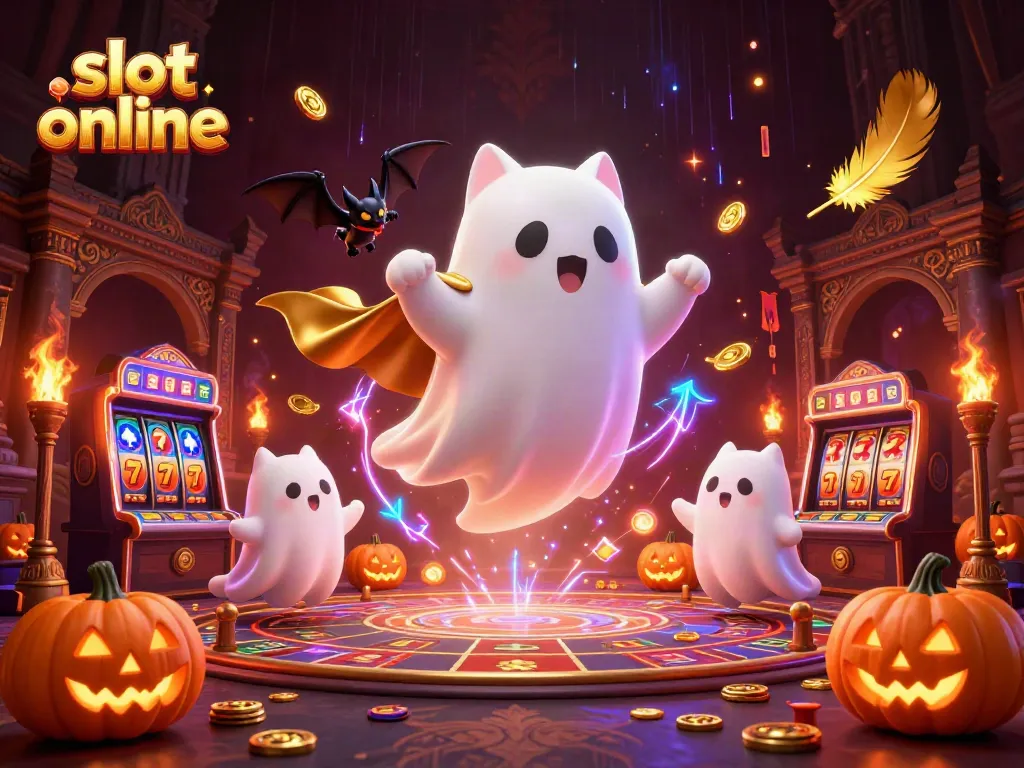 Experience the thrill of slot online with a ghost cat and vampire bat in a haunted casino