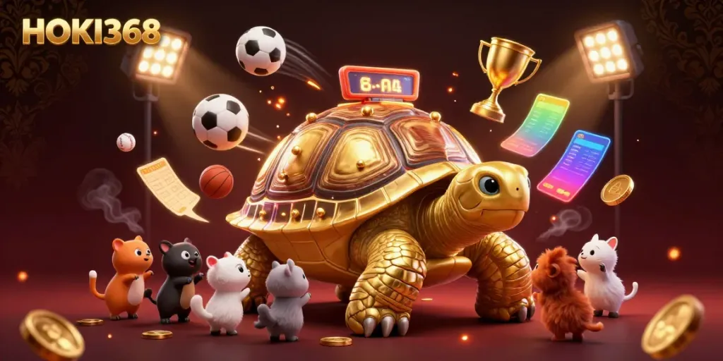 HOKI368 elevates the online gaming experience with a lively golden tortoise pinball machine and sports-themed elements.