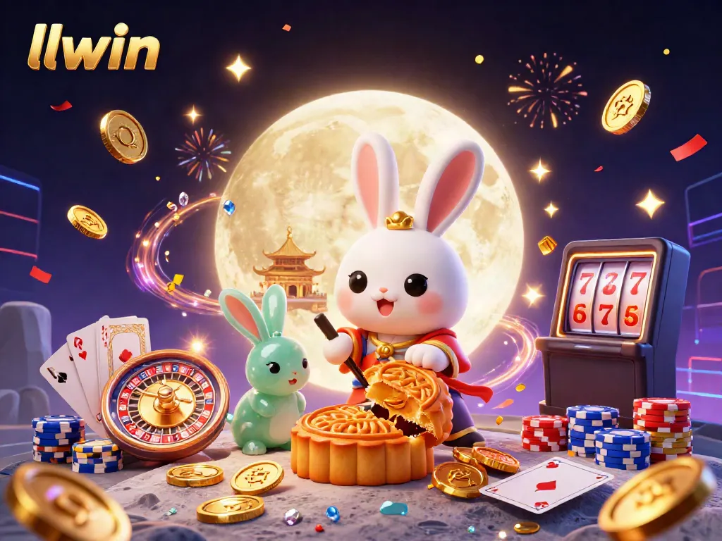 Experience llwin's vibrant online gaming with a moon rabbit, glowing casino elements, and festive energy.