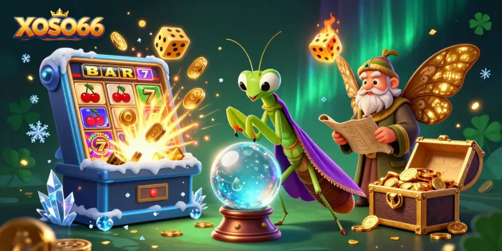 XOSO66 offers a vibrant casino gaming experience with slot machines, fortune tellers, and mystical elements.