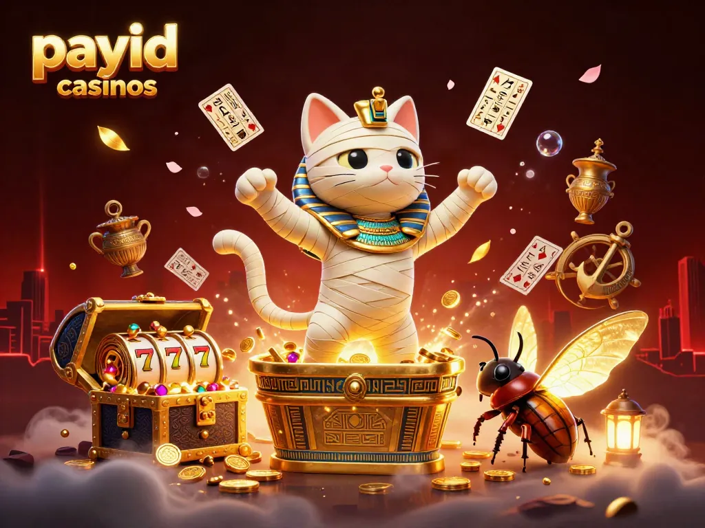 Experience thrilling payid casinos with an ultra-detailed 3D scene of a mummy cat and glowing scarab.