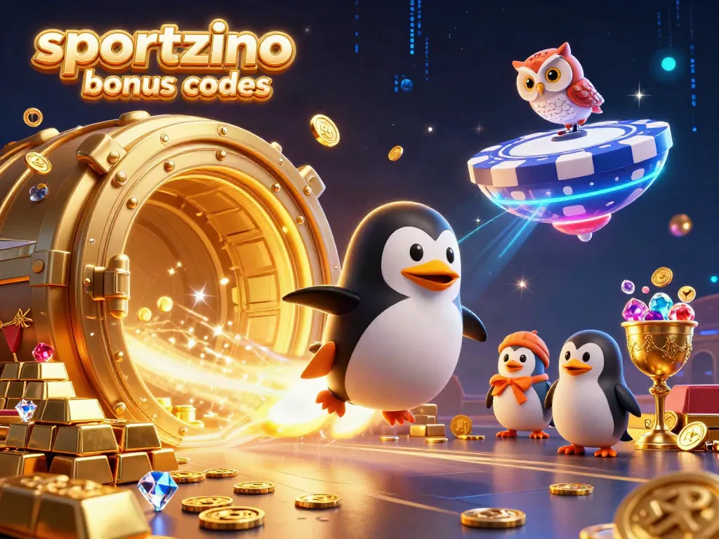 Engage with sportzino bonus codes while a golden penguin rockets towards a casino space station amidst treasures and coins
