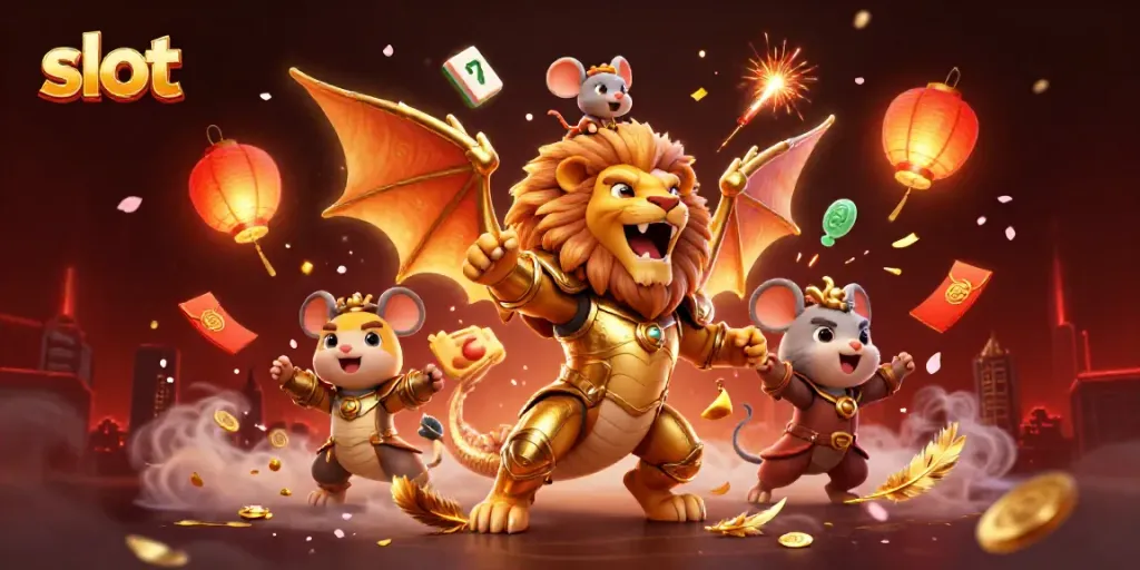 Mesin slot menyenangkan dengan karakter fantastis, simbol keberuntungan, dan suasana kasino yang meriah.