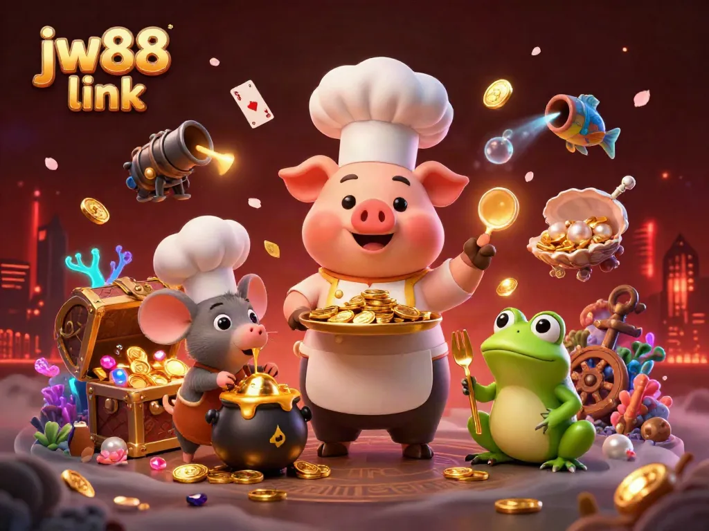 Engaging scene with chef pig serving gold coins and catchy jw88 link elements in 3D casino illustration.
