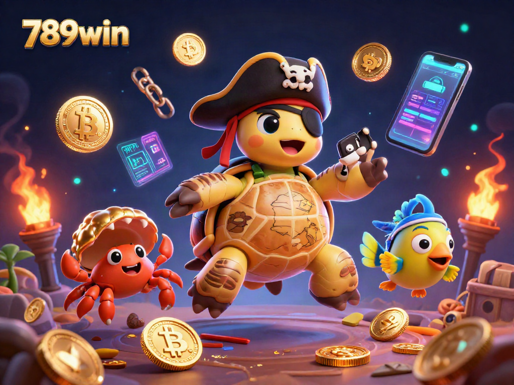Engage in thrilling gameplay at 789win with vibrant 3D casino elements featuring treasure and crypto items.