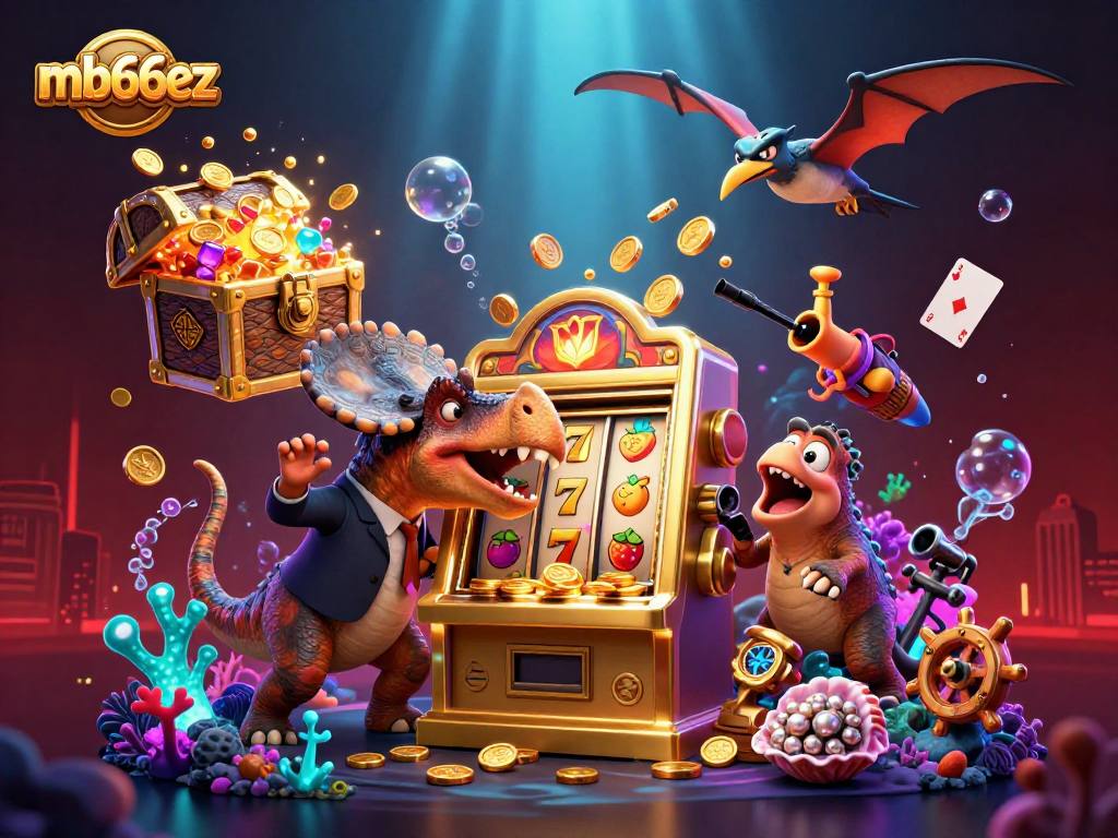 Experience the thrill of mb66ez with cartoon dinosaurs in a vibrant casino scene featuring jackpot wins.