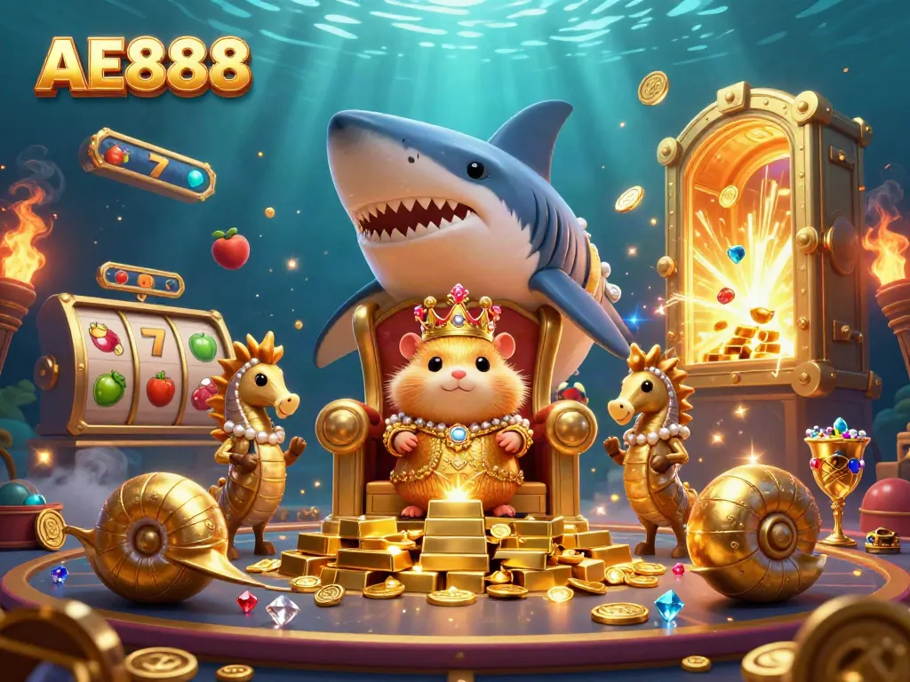 Experience the exciting AE888 casino with vibrant characters, treasure, and dynamic elements.