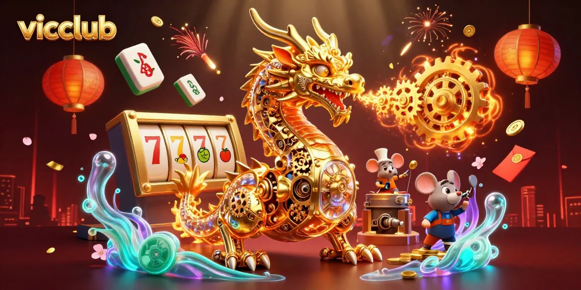 Vicclub's vibrant casino scene featuring a golden dragon, slot reels, and festive elements.