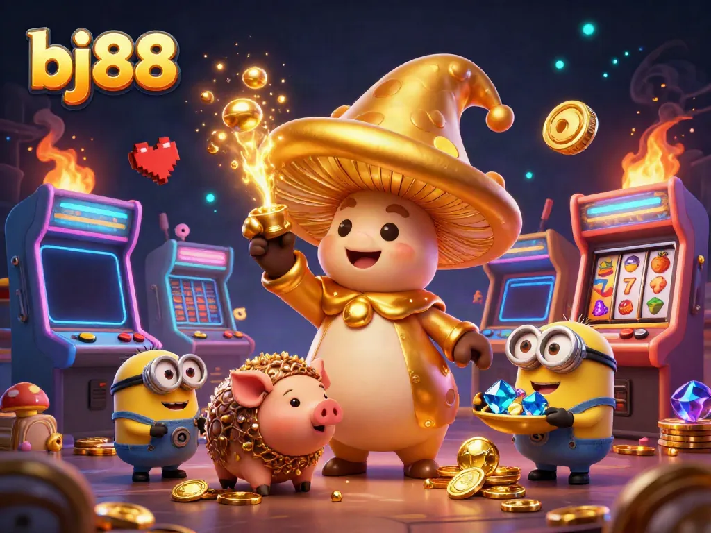 Engage with bj88 in this dynamic 3D illustration featuring a magical golden mushroom wizard amidst colorful gambling elements.