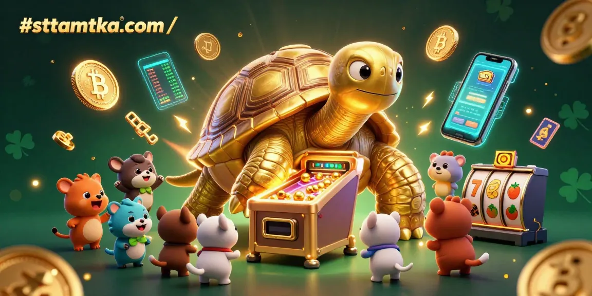 Engage with dynamic elements of #sttamtka.com/ featuring a colossal tortoise pinball machine and glowing crypto coins.