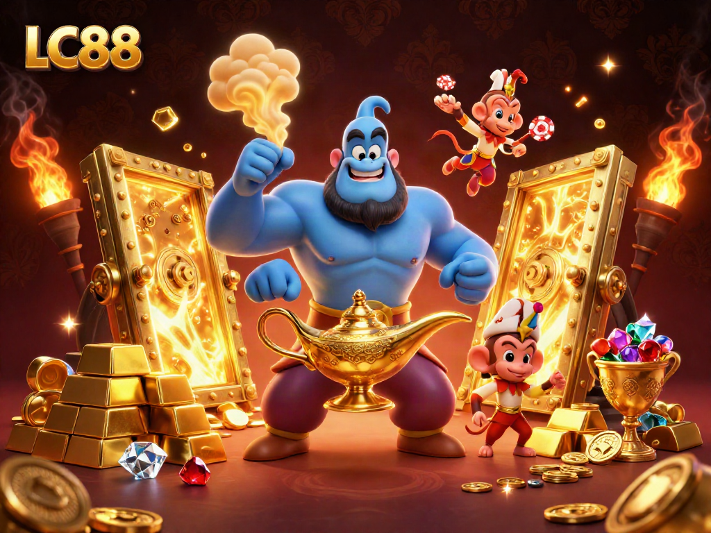 Win big at LC88 with a dazzling 3D cartoon scene featuring a magical genie and treasures.