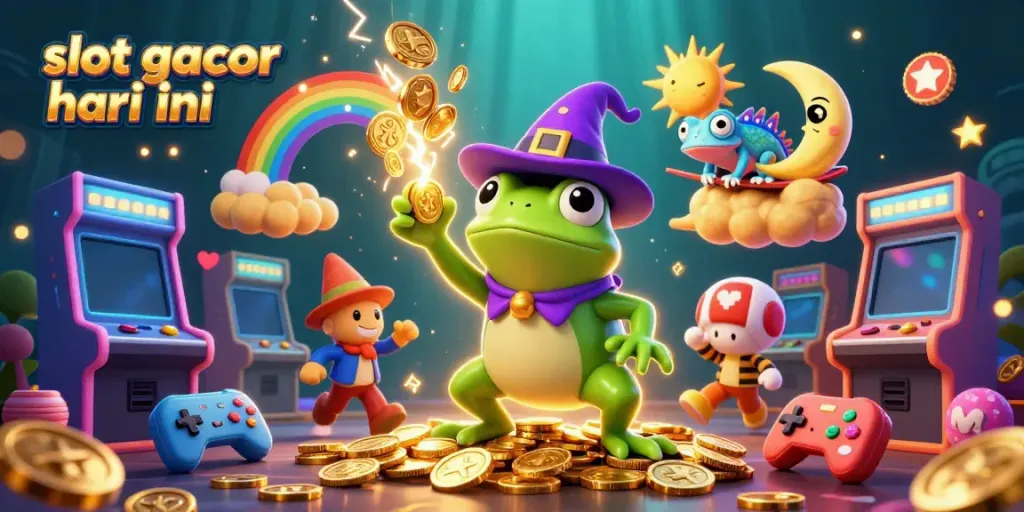 Ilustrasi slot gacor hari ini dengan karakter si frog dan chameleon berinteraksi dalam suasana kasino yang kaya akan detail.
