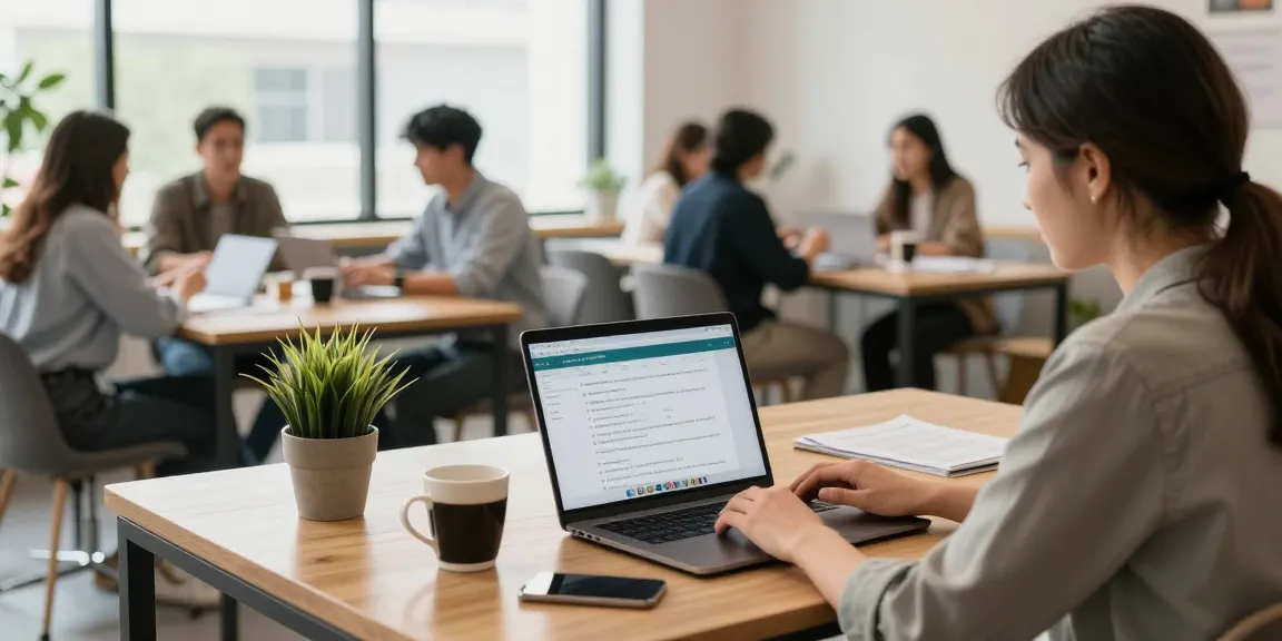 Finding job opportunities (หางาน) in a vibrant co-working space with applicants actively engaged in their job search.
