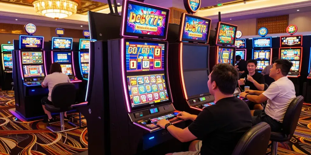 Excited players engaging with Lucky777 slot machines in vibrant casino.