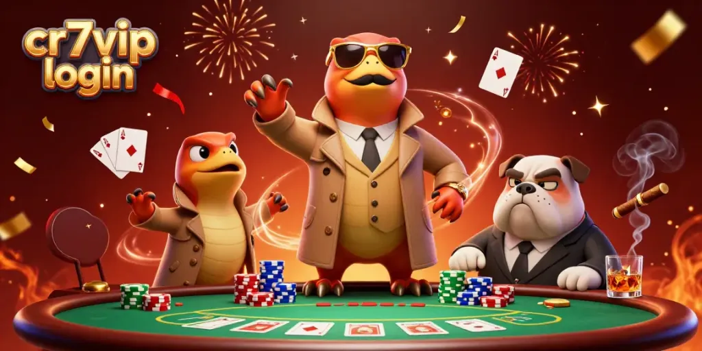 Raptors dalam jas trench memasuki kasino dengan cr7vip login, dikelilingi chip poker dan kartu yang dramatis.