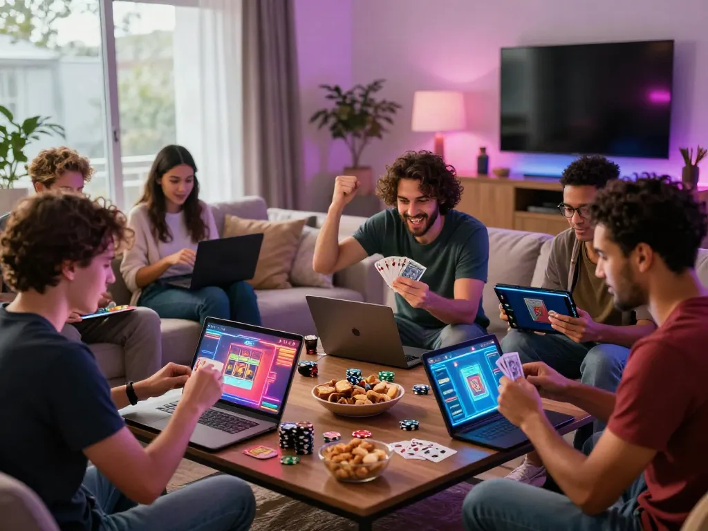 Trusted credit card casinos: Friends enjoying online card games in a vibrant living room.