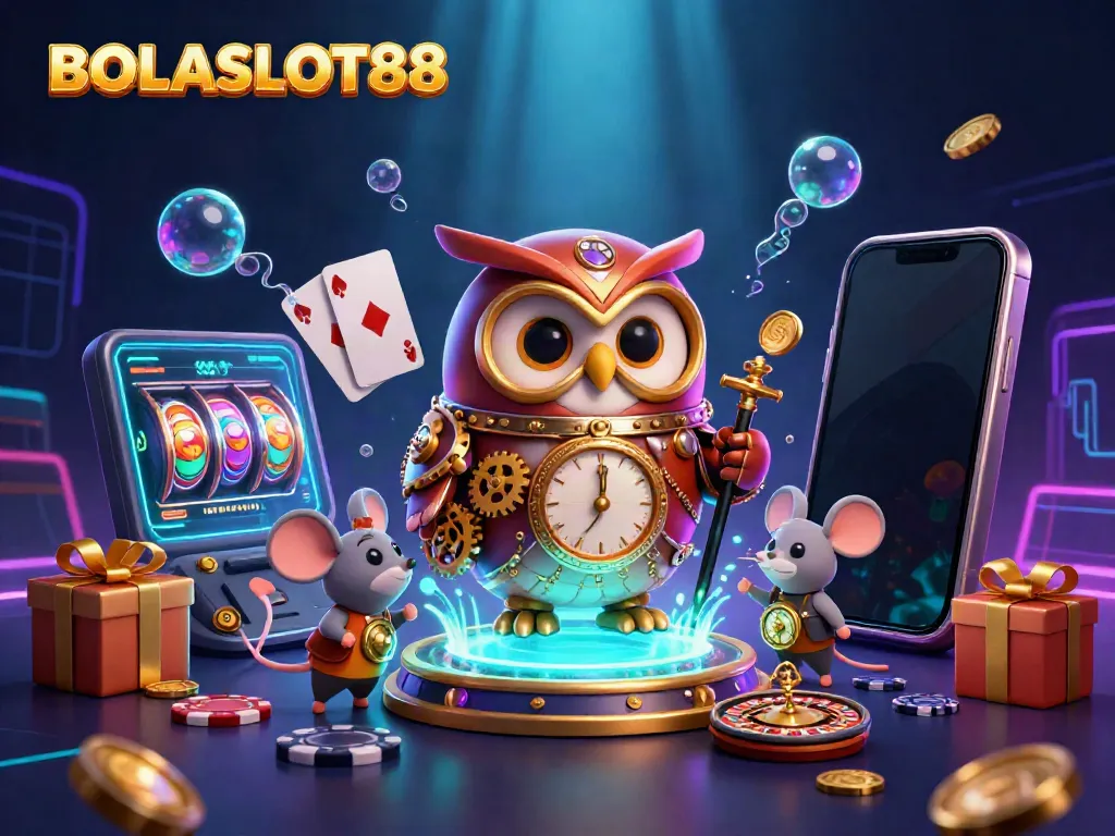 Experience BOLASLOT88 with a dynamic 3D scene of casino elements and playful characters.