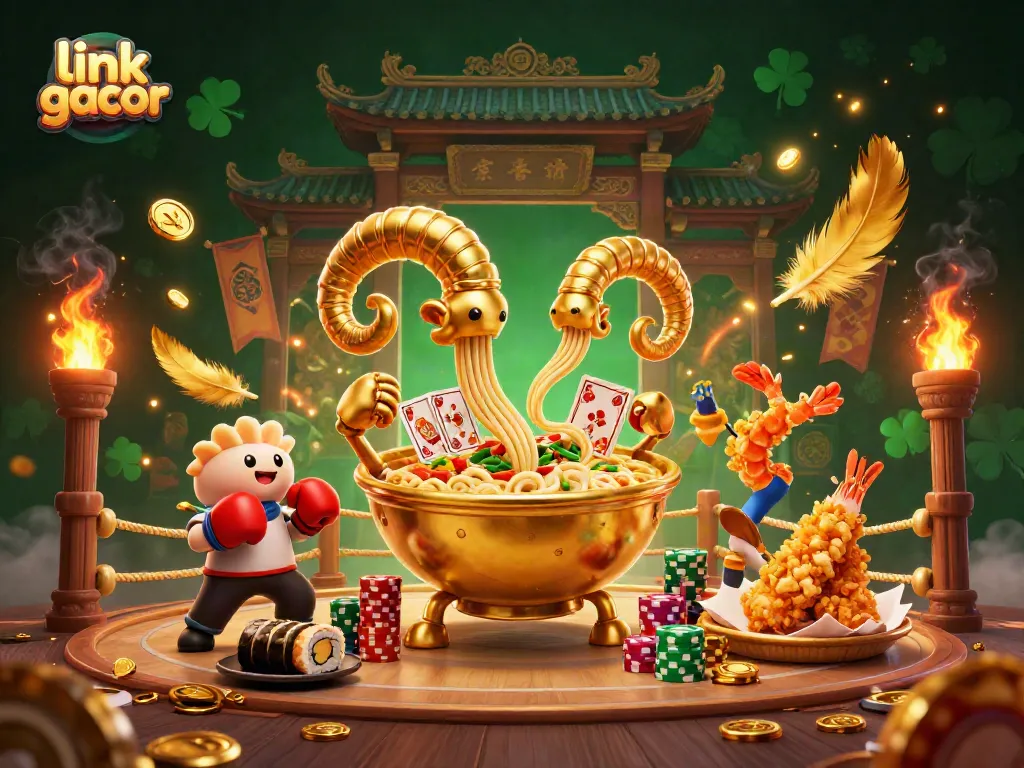 Engage with link gacor casino in a vibrant 3D scene featuring a giant ramen bowl dealer and dynamic casino elements.