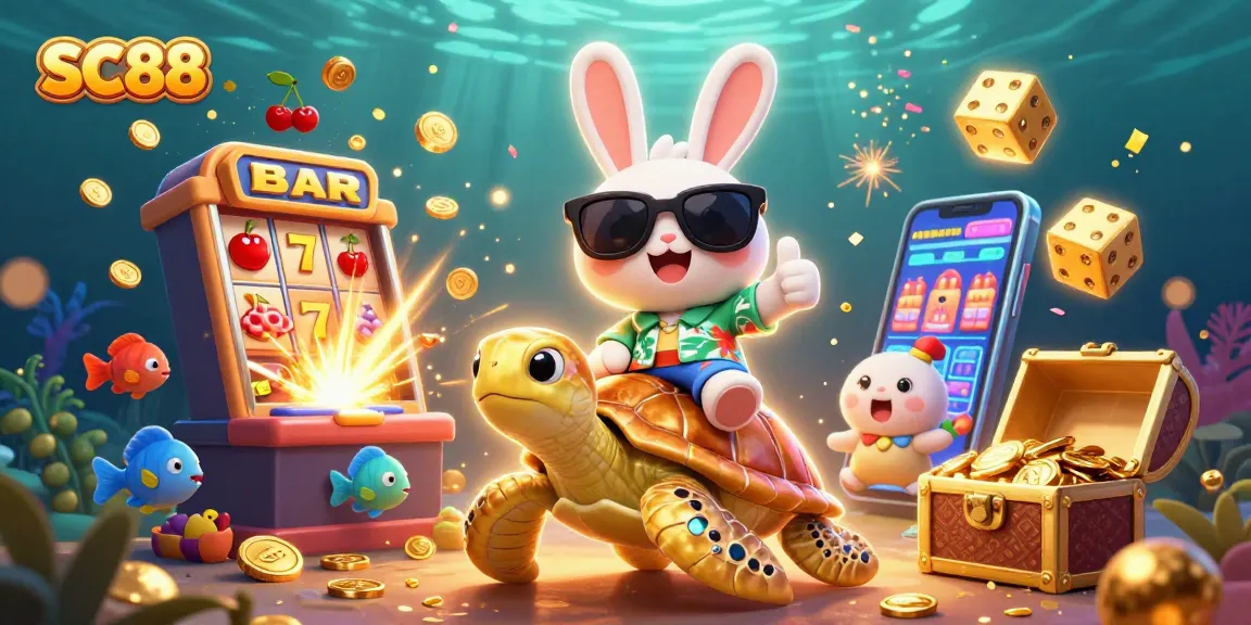 Win big with SC88 at an exciting underwater casino adventure illustration featuring a lucky rabbit!