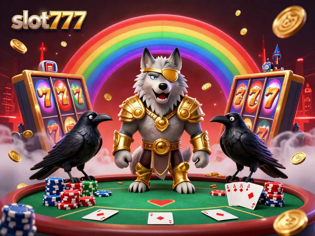 Engage with the vibrant slot777 scene featuring Odin surrounded by slot machines, poker chips, and mystical elements.