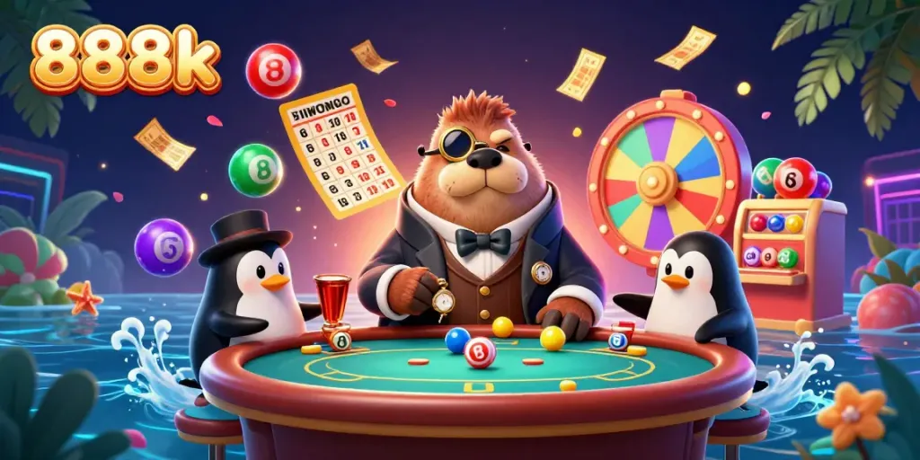 Experience thrilling gameplay with 888k featuring a walrus, penguin dealer, and pufferfish in a vibrant casino