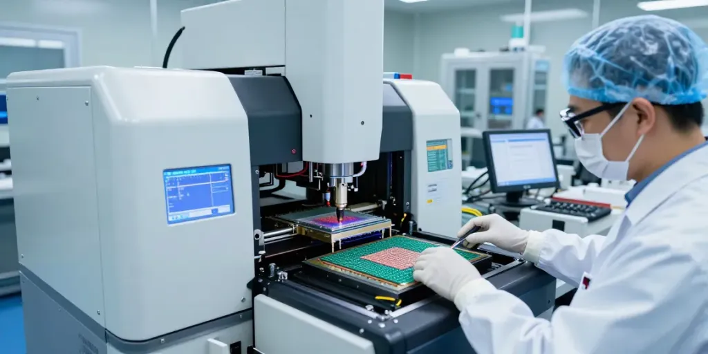 Gambaran pabrik semikonduktor di https://www.oe-semiconductor.com/index2.html dengan insinyur bekerja di bawah kondisi cleanroom.