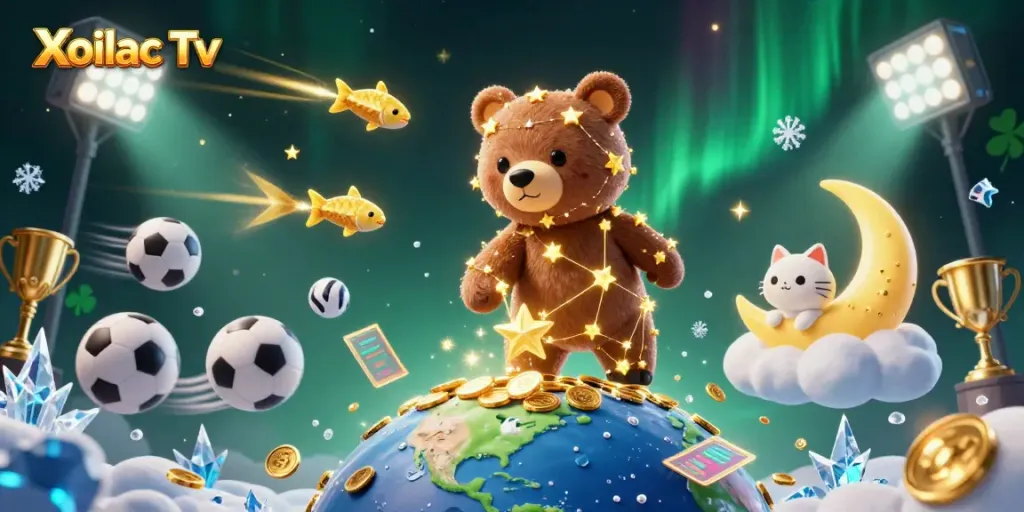Xoilac Tv showcases a magical scene where a constellation bear gathers gold coins among sports elements, capturing the excitement of gaming.