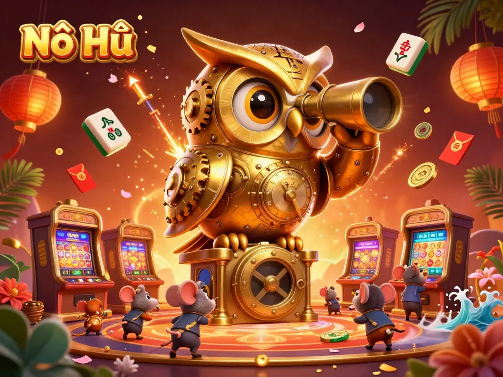 Experience Nổ Hũ thrilling gameplay with 3D characters and festive casino elements in a vibrant digital illustration.